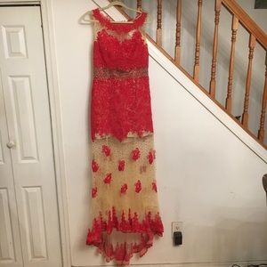 Red Lace Illusion Evening Gown